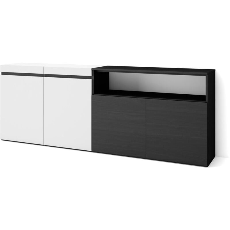 foto del prodotto credenza, mobile, cucina, madia, mobile ingresso, 200x75x35cm, 4 porte, grande stoccaggio, stile moderno, bianco e nero skraut home