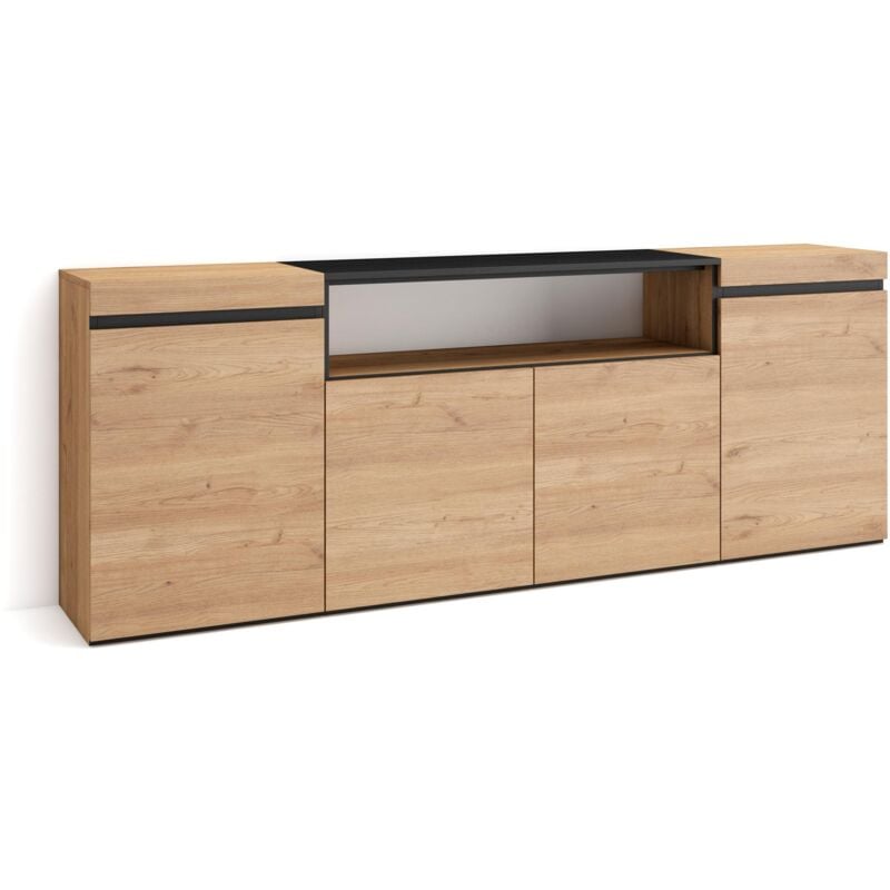 foto del prodotto credenza, mobile, cucina, madia, mobile ingresso, 200x75x35cm, 4 porte, grande stoccaggio, stile moderno, rovere e nero skraut home