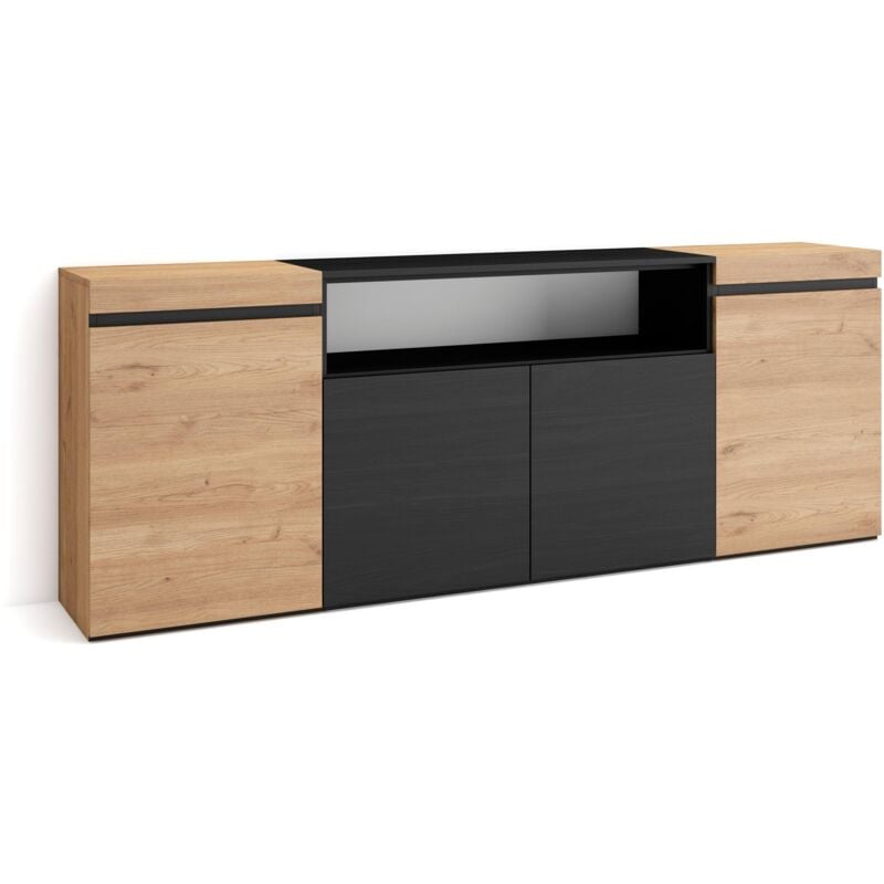 foto del prodotto credenza, mobile, cucina, madia, mobile ingresso, 200x75x35cm, 4 porte, grande stoccaggio, stile moderno, rovere e nero skraut home
