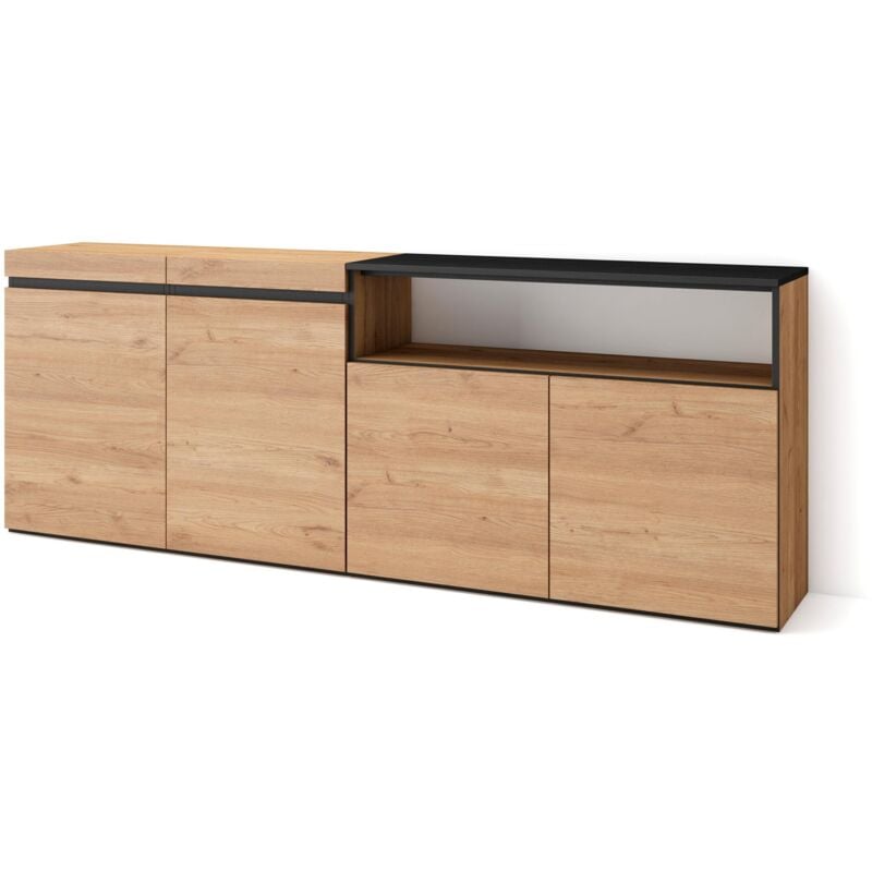 foto del prodotto credenza, mobile, cucina, madia, mobile ingresso, 200x75x35cm, 4 porte, grande stoccaggio, stile moderno, rovere e nero skraut home