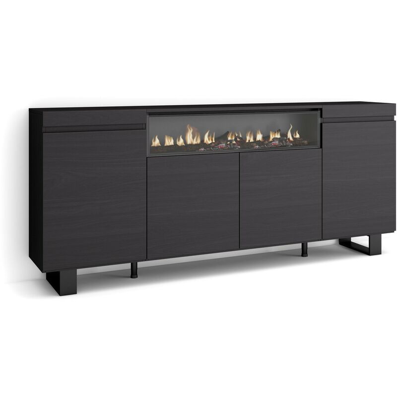 foto del prodotto credenza, mobile, cucina, madia, mobile ingresso, 200x87x35cm, 4 porte, camino elettrico, design industriale, stile moderno, nero skraut home