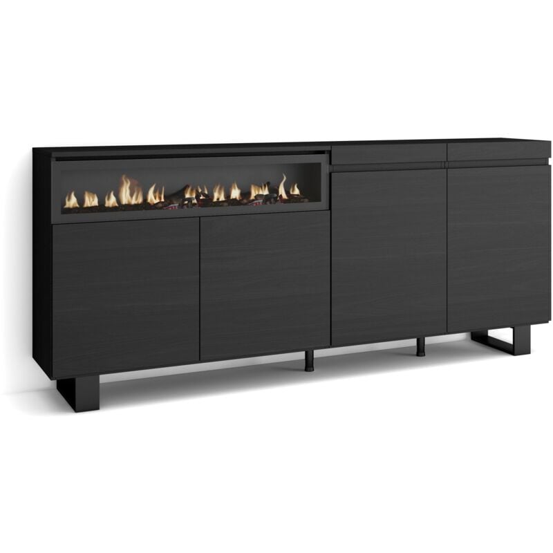 foto del prodotto credenza, mobile, cucina, madia, mobile ingresso, 200x87x35cm, 4 porte, camino elettrico, design industriale, stile moderno, nero skraut home
