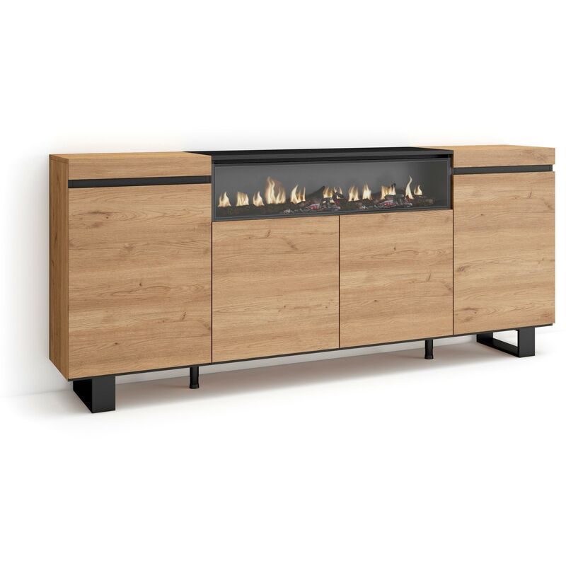 foto del prodotto credenza, mobile, cucina, madia, mobile ingresso, 200x87x35cm, 4 porte, camino elettrico, design industriale, stile moderno, rovere e nero skraut