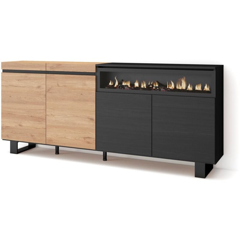 foto del prodotto credenza, mobile, cucina, madia, mobile ingresso, 200x87x35cm, 4 porte, camino elettrico, design industriale, stile moderno, rovere e nero skraut