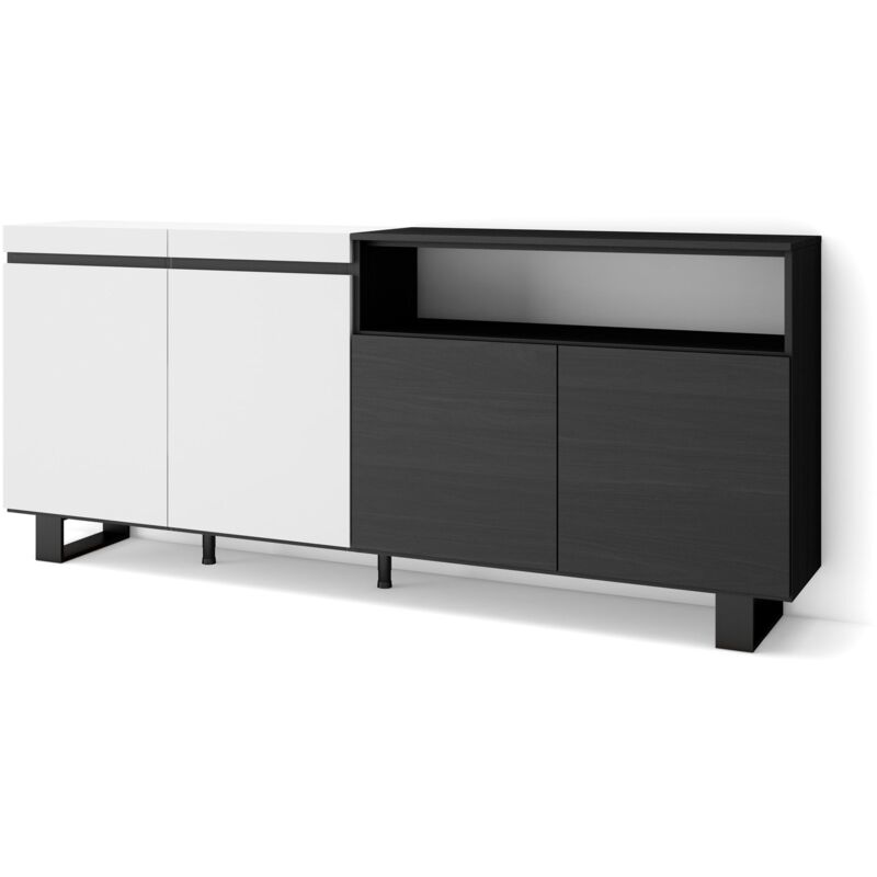 foto del prodotto credenza, mobile, cucina, madia, mobile ingresso, 200x87x35cm, 4 porte, design industriale, stile moderno, bianco e nero skraut home