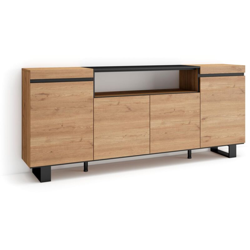 foto del prodotto credenza, mobile, cucina, madia, mobile ingresso, 200x87x35cm, 4 porte, design industriale, stile moderno, rovere e nero skraut home