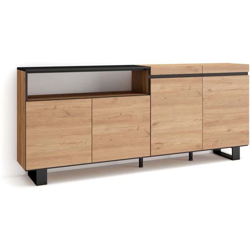 foto del prodotto credenza, mobile, cucina, madia, mobile ingresso, 200x87x35cm, 4 porte, design industriale, stile moderno, rovere e nero skraut home