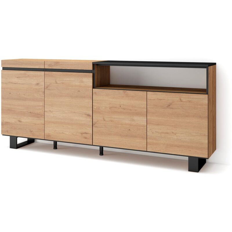 foto del prodotto credenza, mobile, cucina, madia, mobile ingresso, 200x87x35cm, 4 porte, design industriale, stile moderno, rovere e nero skraut home