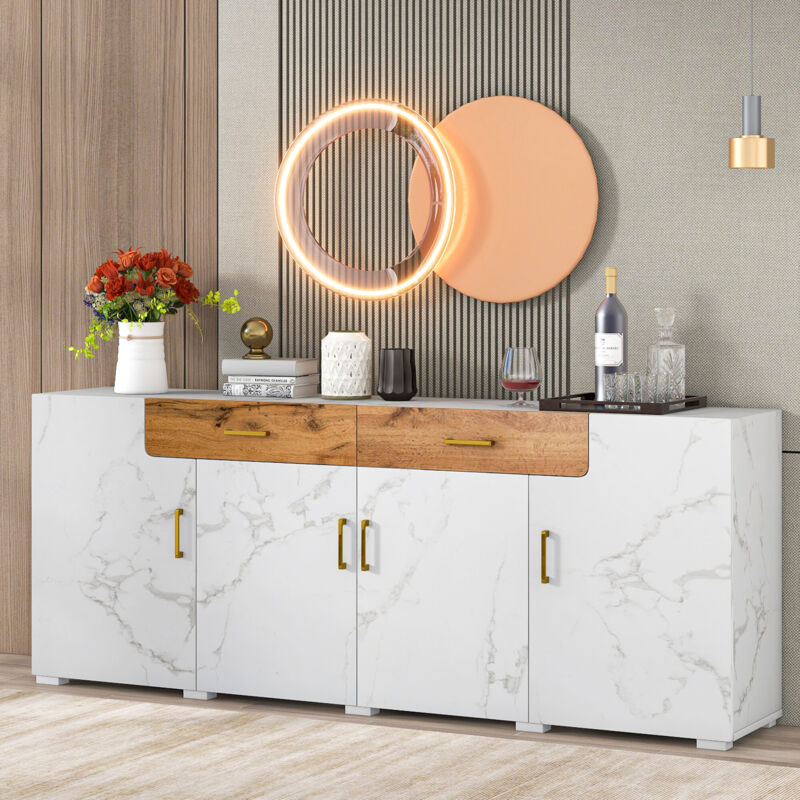 foto del prodotto credenza, mobile da cucina, mobile contenitore, 208 x 39,5 x 80 cm, cassettiera con 4 ante, 2 cassetti, credenze bianche