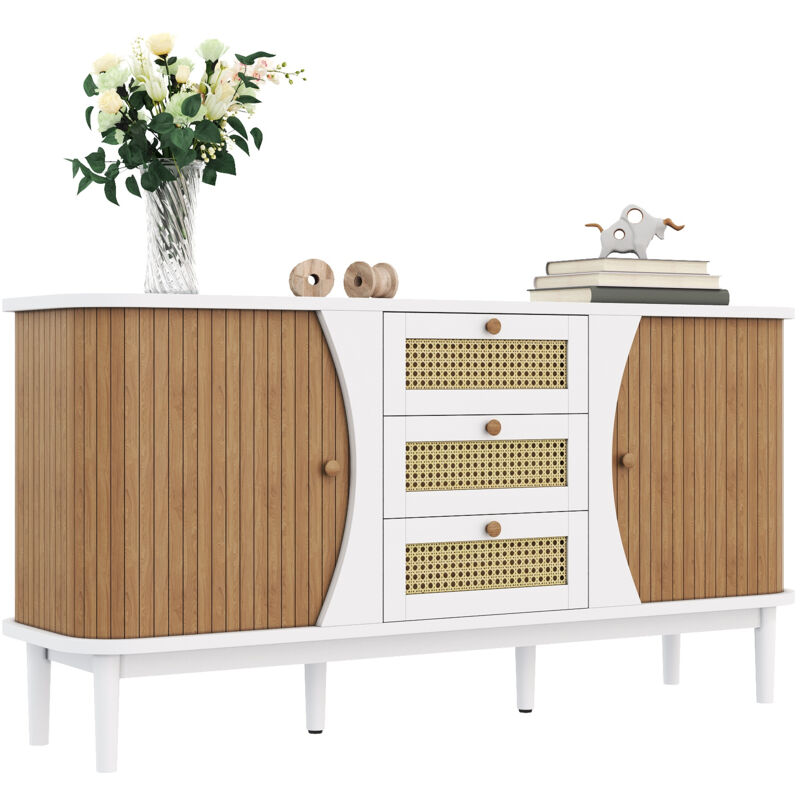 foto del prodotto credenza, mobile in rattan con cassettiera, cassettiera con ante scorrevoli