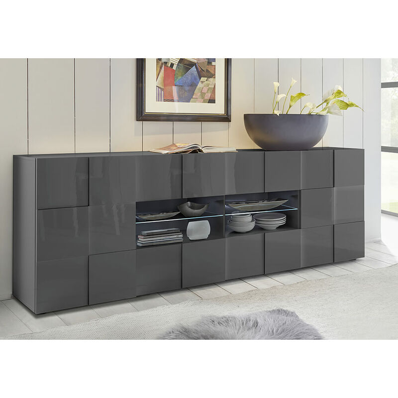 foto del prodotto credenza mobile soggiorno 2 porte 4 cassetti 1 nicchia in melamina 241x42x84cm tft chequers antracite