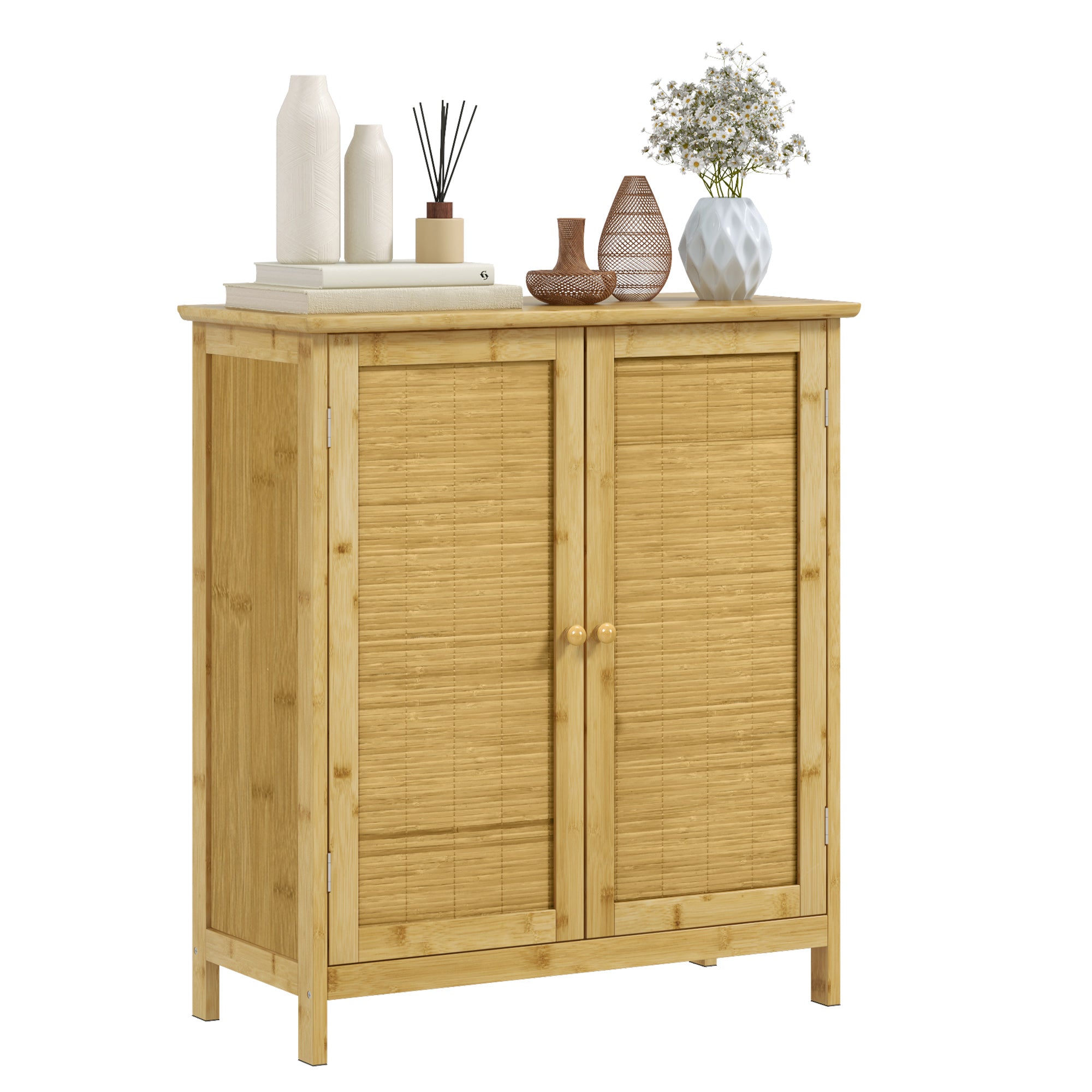 foto del prodotto credenza mobile soggiorno in stile boho 2 ante in rattan e bambù 60x27x67,5 cm