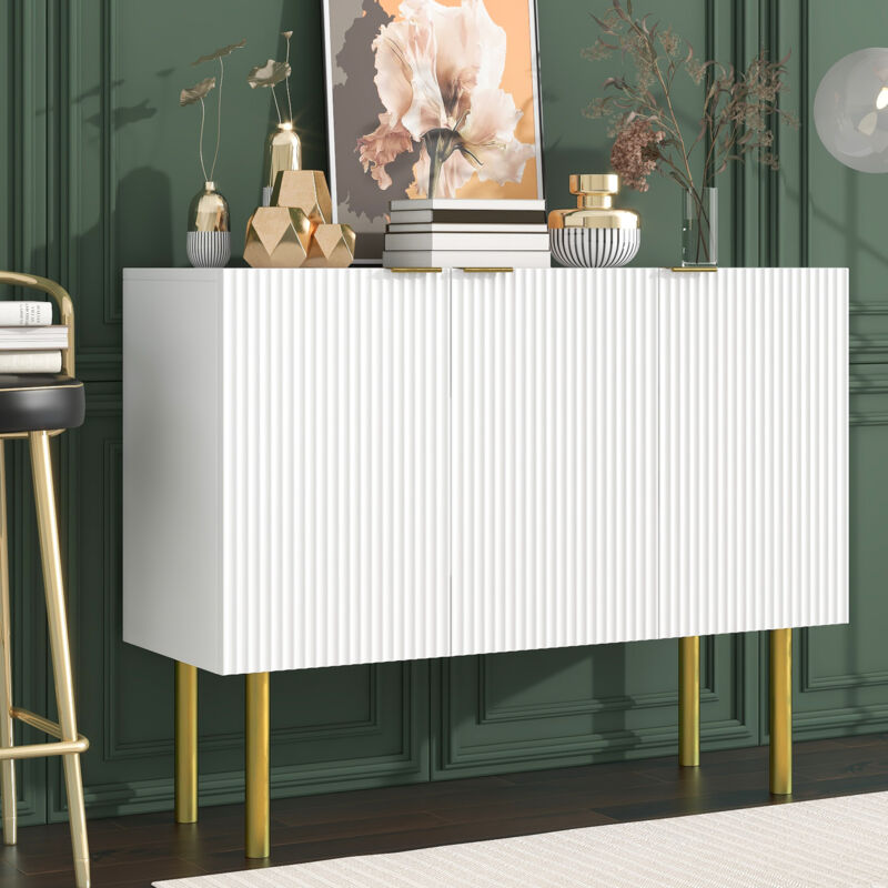 foto del prodotto credenza, mobiletto portaoggetti con ripiani regolabili, gambe in metallo, per sala da pranzo soggiorno cucina, mdf, bianco