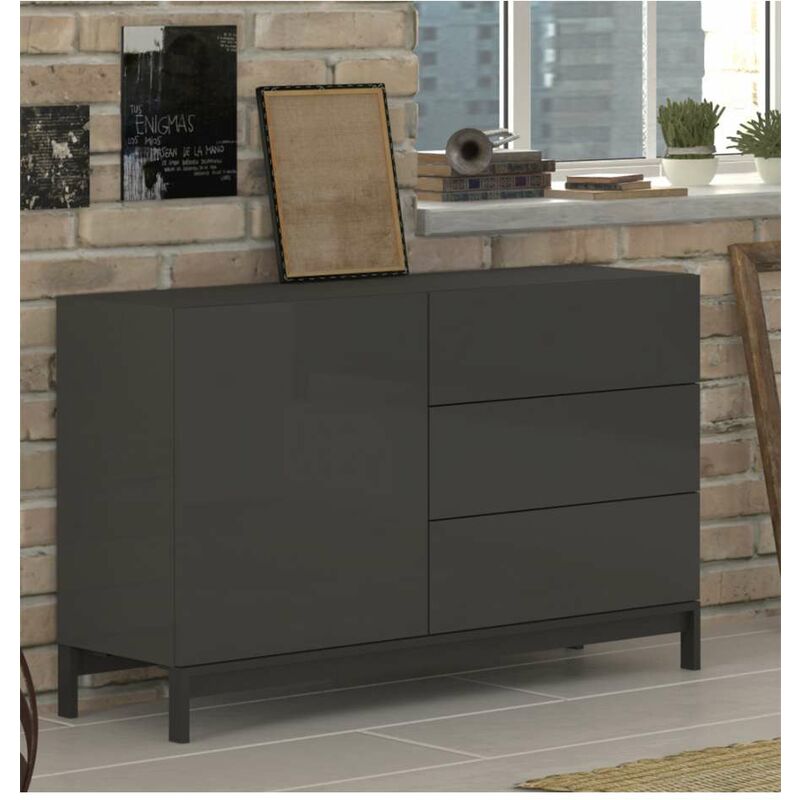 foto del prodotto credenza moderna 1 anta 3 cassetti metis con piede in metallo antracite laccato