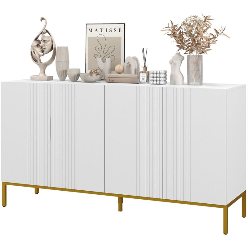 foto del prodotto credenza moderna 4 ante con chiusura ammortizzata e mensole regolabili 140x40x75 cm in truciolato e metallo bianco e oro