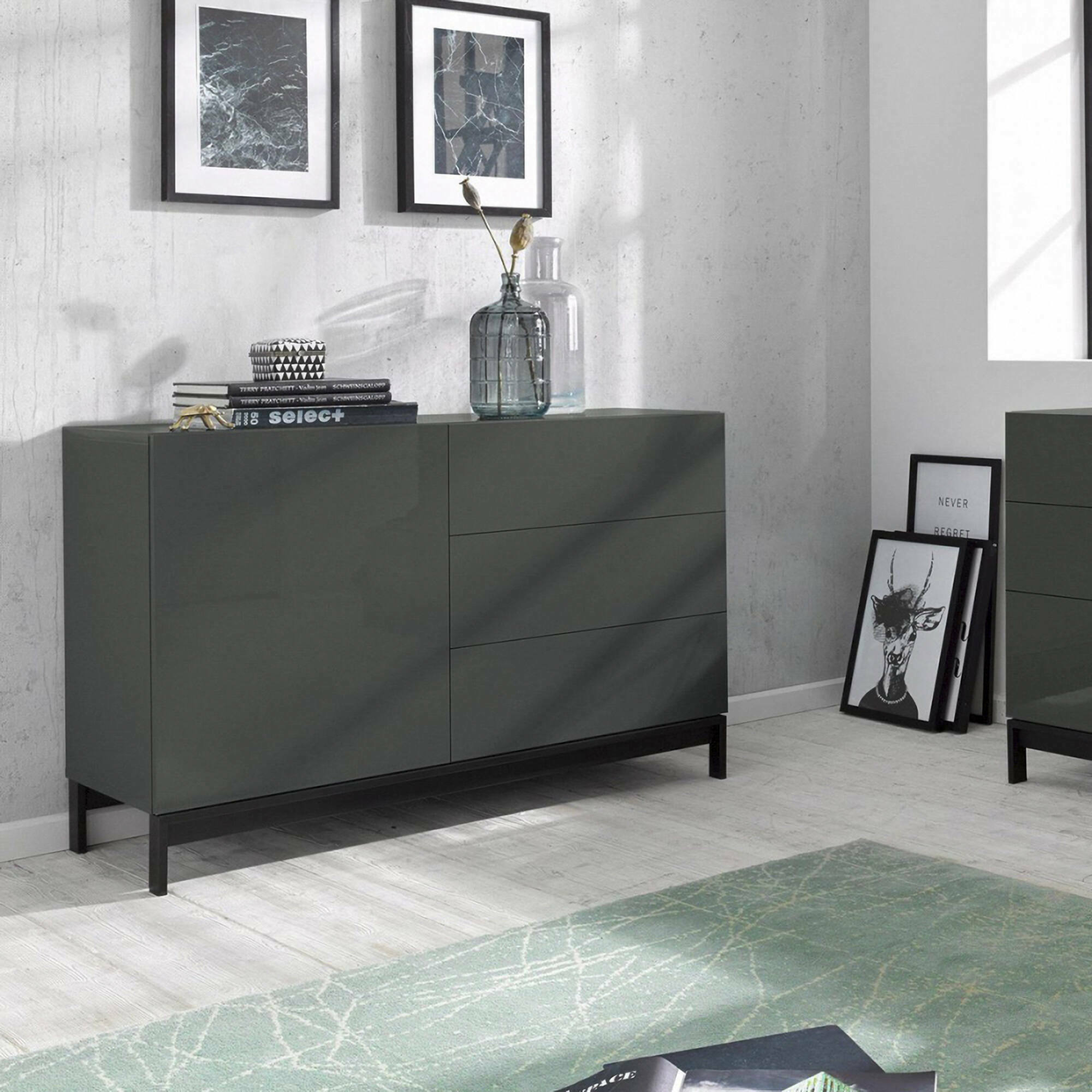 foto del prodotto credenza moderna a 1 anta e 3 adana, made in italy, madia da cucina, buffet di design da soggiorno, con piedini, cm 110x40h47, antracite lucido