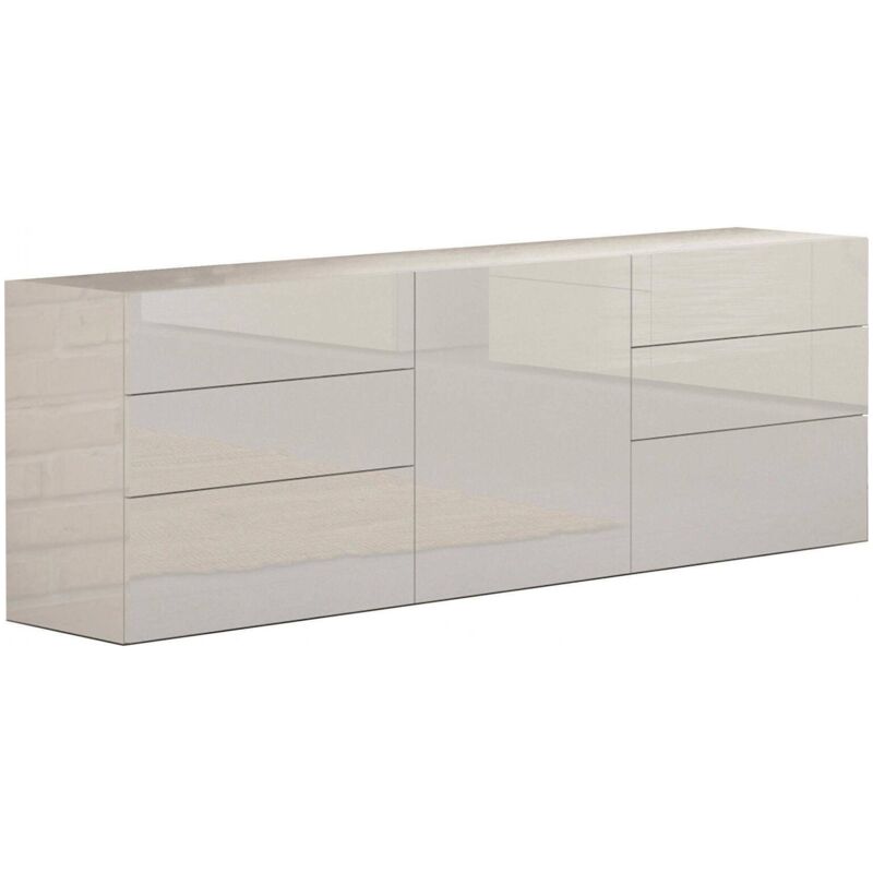 foto del prodotto credenza moderna a 1 anta e 6 cassetti, made in italy, madia da cucina, buffet di design da soggiorno, cm 170x40h35, colore bianco lucido, con