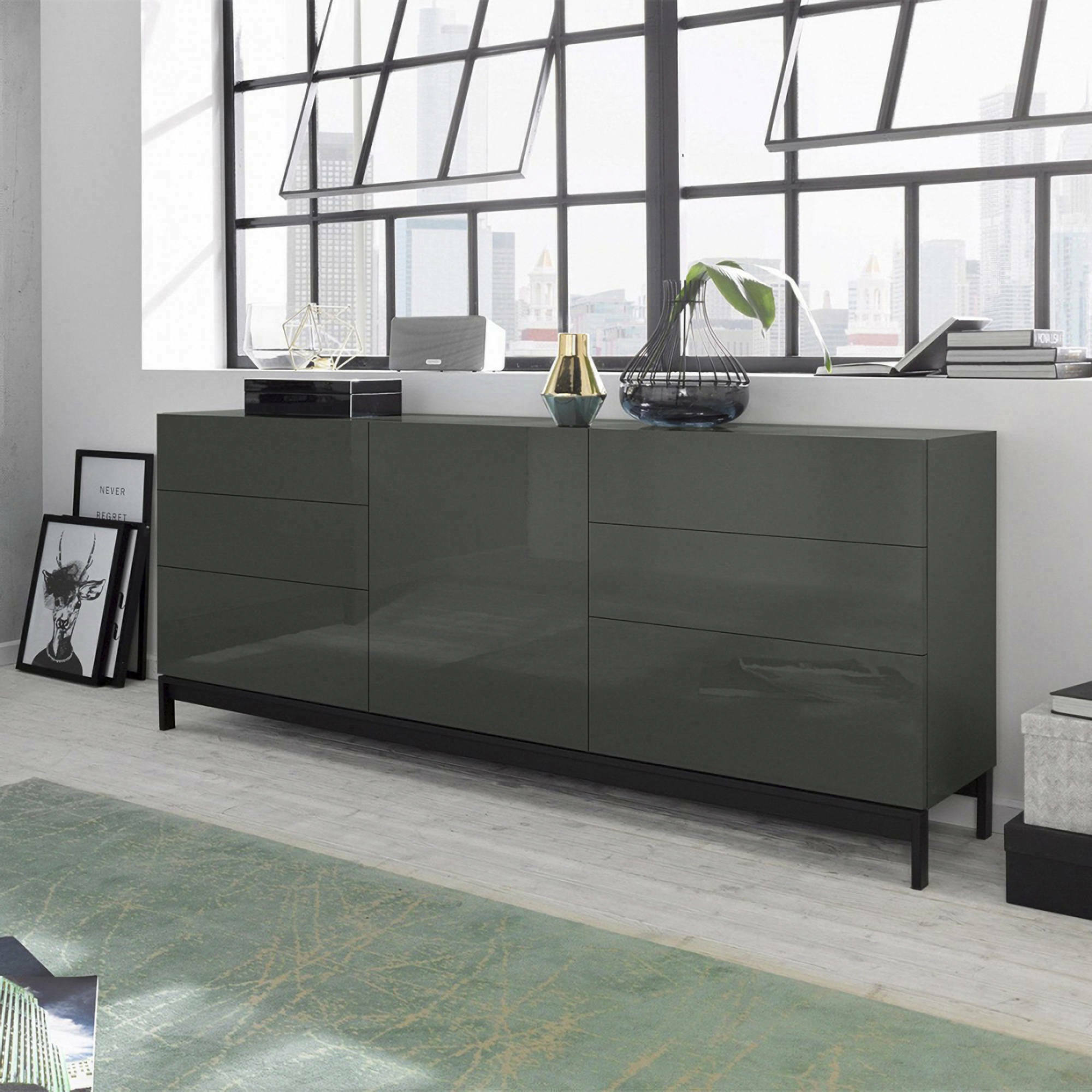 foto del prodotto credenza moderna a 1 anta e 6 pirite, made in italy, madia da cucina, buffet di design da soggiorno, con piedini, cm 170x40h47, antracite lucido