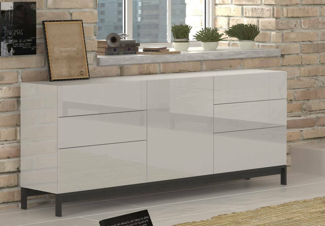 foto del prodotto credenza moderna a 1 anta e 6 pirite, made in italy, madia da cucina, buffet di design da soggiorno, con piedini, cm 170x40h47, bianco lucido