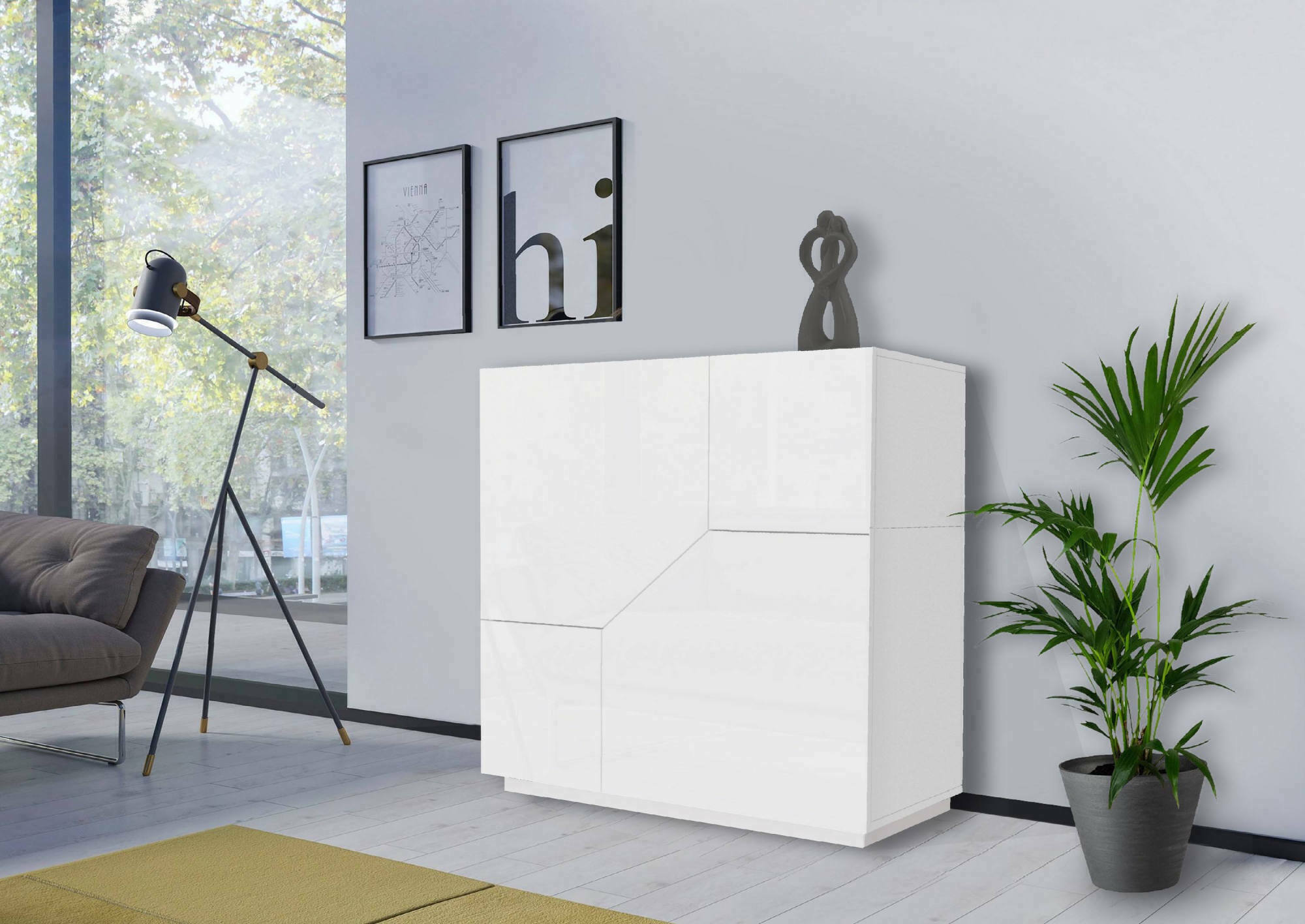 foto del prodotto credenza moderna a 2 ante amento, made in italy, madia da cucina, buffet di design da soggiorno, cm 79x43h86, bianco lucido