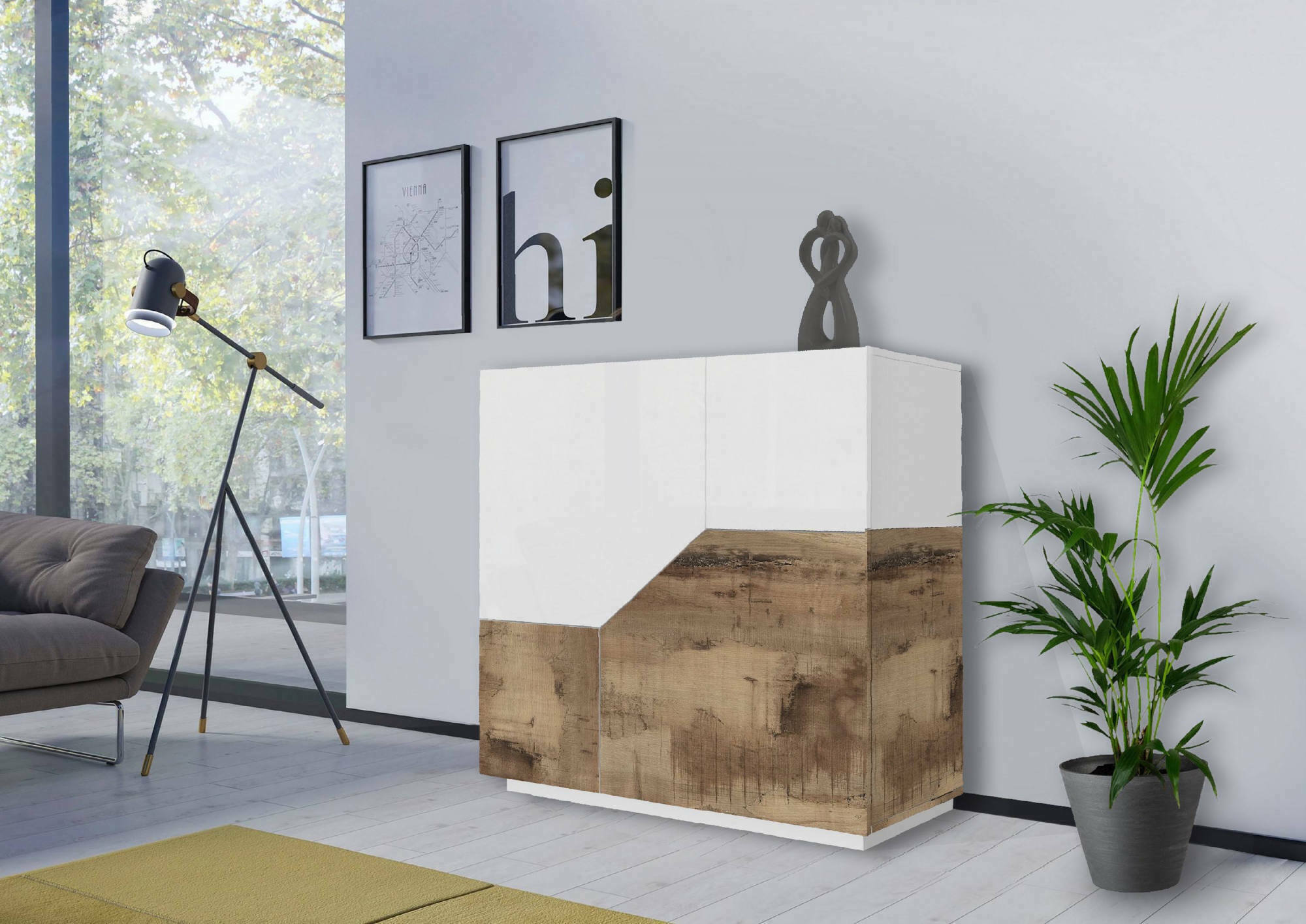 foto del prodotto credenza moderna a 2 ante amento, made in italy, madia da cucina, buffet di design da soggiorno, cm 79x43h86, bianco lucido e acero