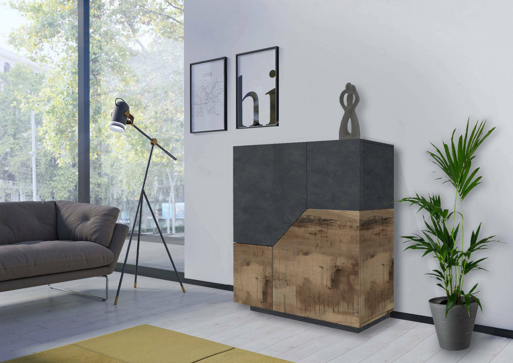 foto del prodotto credenza moderna a 2 ante arbal, made in italy, madia da ingresso, buffet di design da soggiorno, cm 100x43h106, ardesia e acero