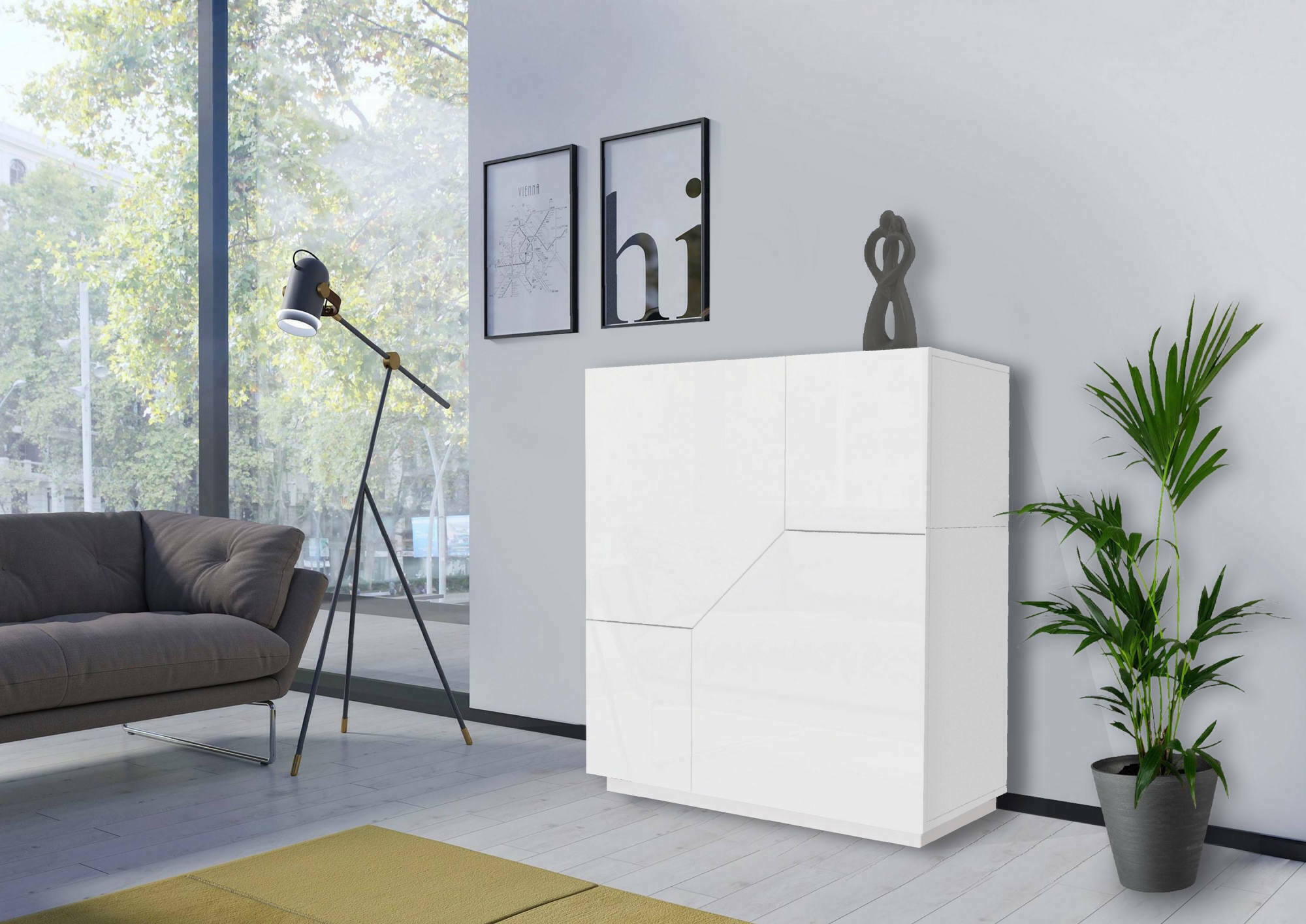 foto del prodotto credenza moderna a 2 ante arbal, made in italy, madia da ingresso, buffet di design da soggiorno, cm 100x43h106, bianco lucido