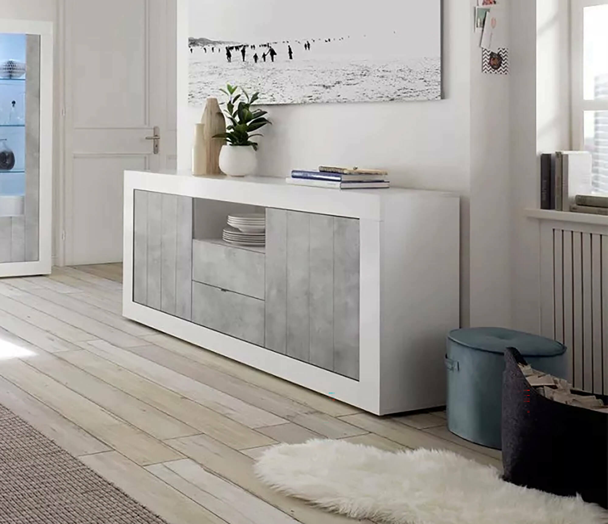 foto del prodotto credenza moderna a 2 ante e 2 antina, made in italy, madia da cucina, buffet di design da soggiorno, cm 184x42h86, colore bianco lucido e cemento
