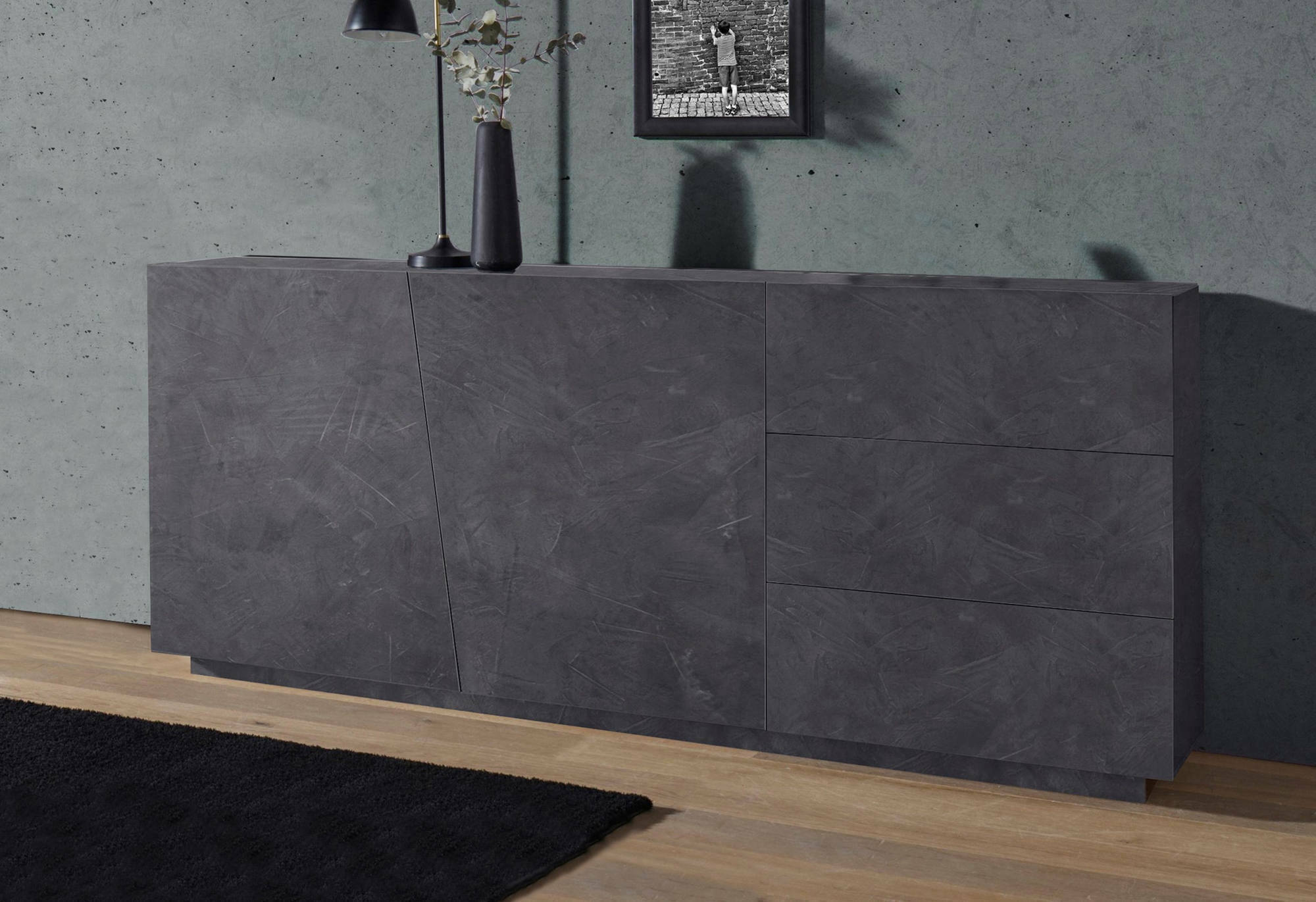 foto del prodotto credenza moderna a 2 ante e 3 ariet, made in italy, madia da cucina, buffet di design da soggiorno, cm 180x43h86, grigio ardesia
