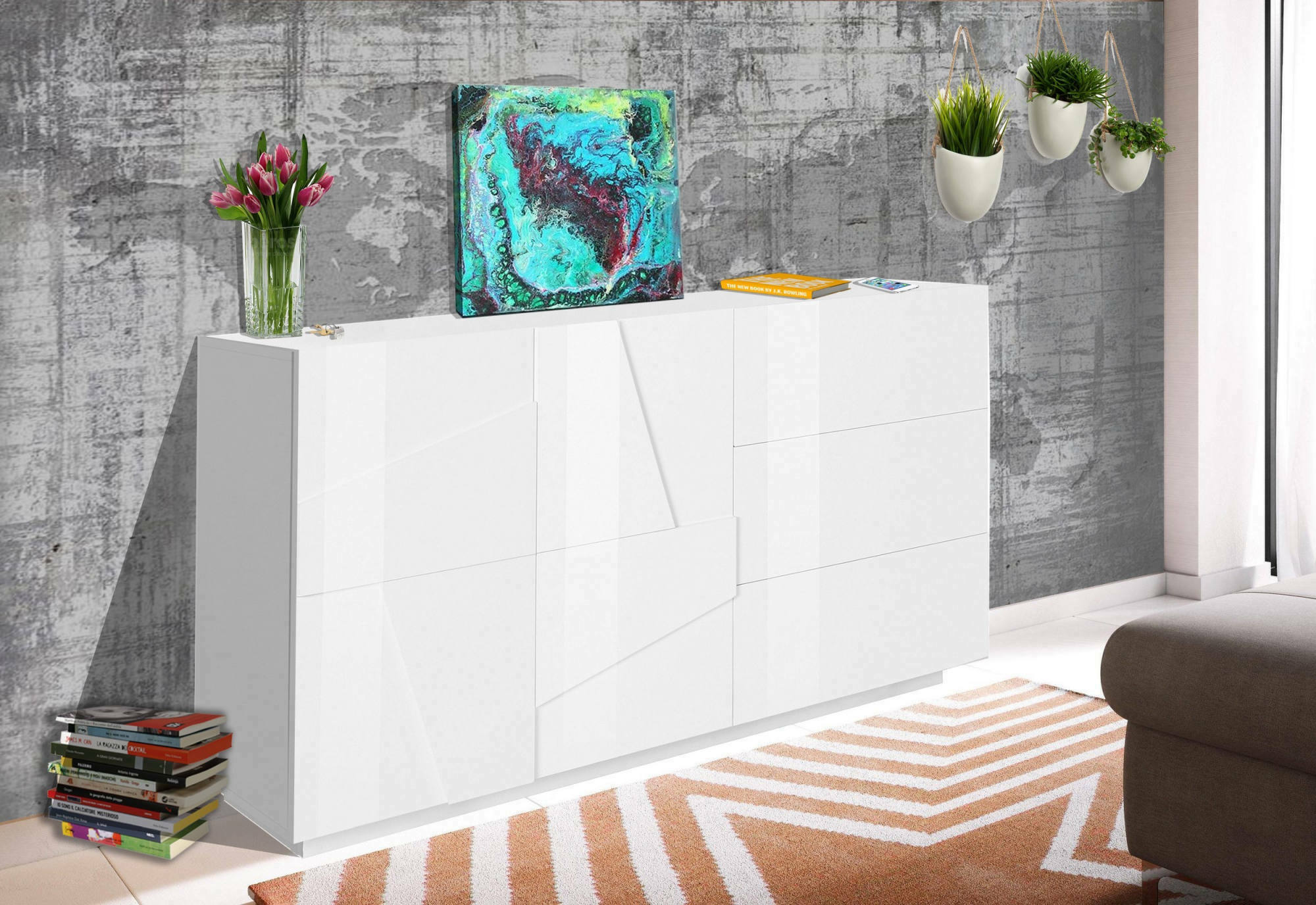 foto del prodotto credenza moderna a 2 ante e 3 aydee, made in italy, madia da cucina con dettaglio, buffet di design da soggiorno, cm 143x44h86, bianco lucido