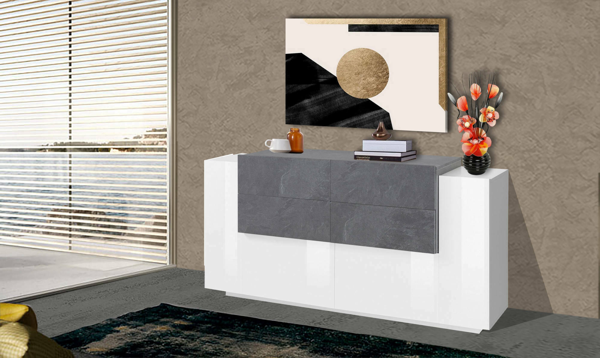 foto del prodotto credenza moderna a 2 ante e 4 ashi, made in italy, madia da cucina, buffet di design da soggiorno, cm 160x45h86, bianco lucido e grigio ardesia