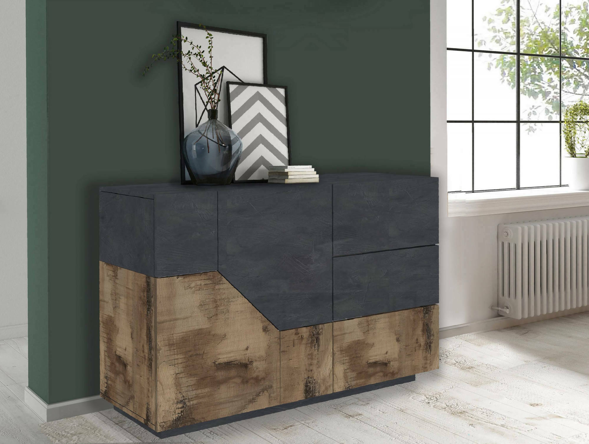 foto del prodotto credenza moderna a 2 ante geometriche e 3 all, made in italy, madia da cucina, buffet di design da soggiorno, cm 141x43h86, ardesia e acero