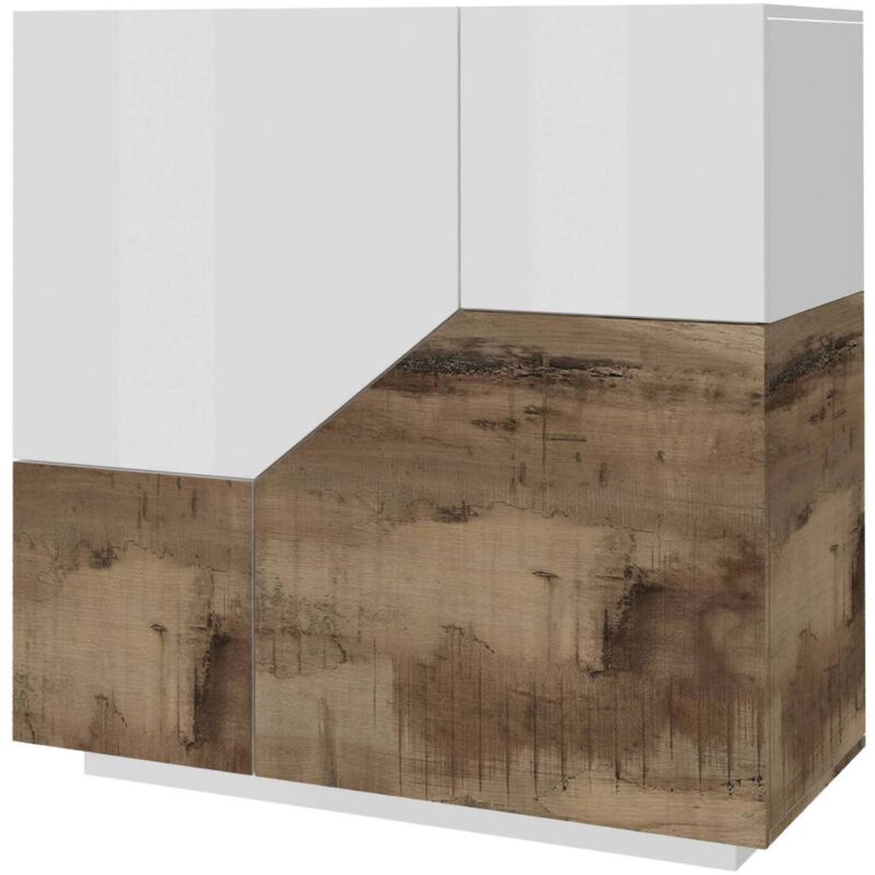 foto del prodotto credenza moderna a 2 ante geometriche, made in italy, madia da ingresso, buffet di design da soggiorno, cm 100x43h106, bianco lucido e acero, con