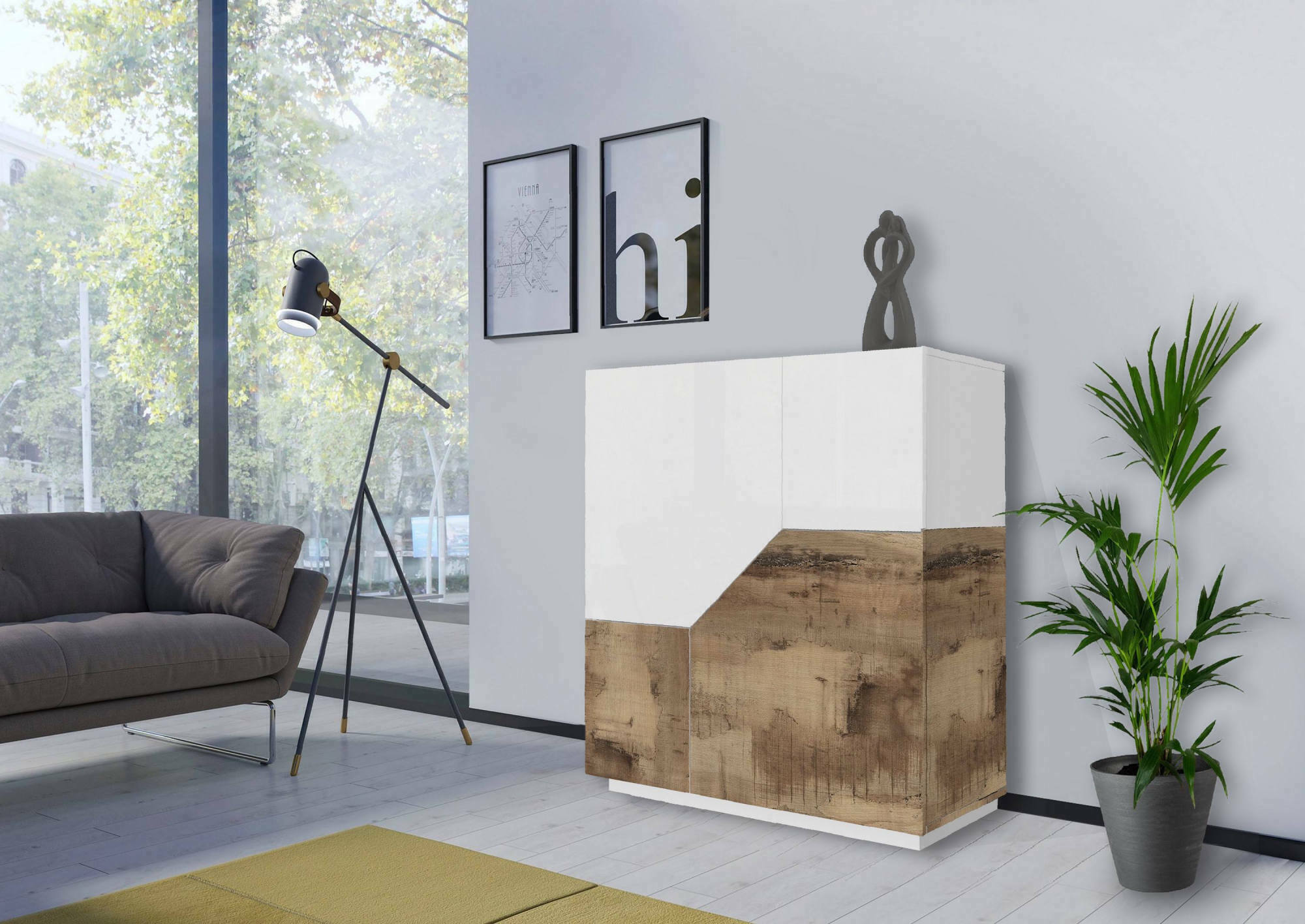 foto del prodotto credenza moderna a 2 ante geometriche, made in italy, madia da ingresso, buffet di design da soggiorno, cm 100x43h106, bianco lucido e acero, con