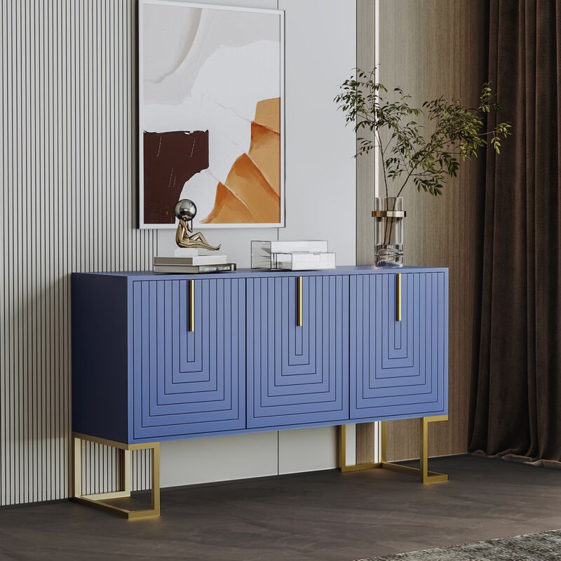 foto del prodotto credenza moderna a 3 ante con ripiani regolabili, ante a forma di u, maniglie e base in metallo per sala da pranzo e cucina blu navy 