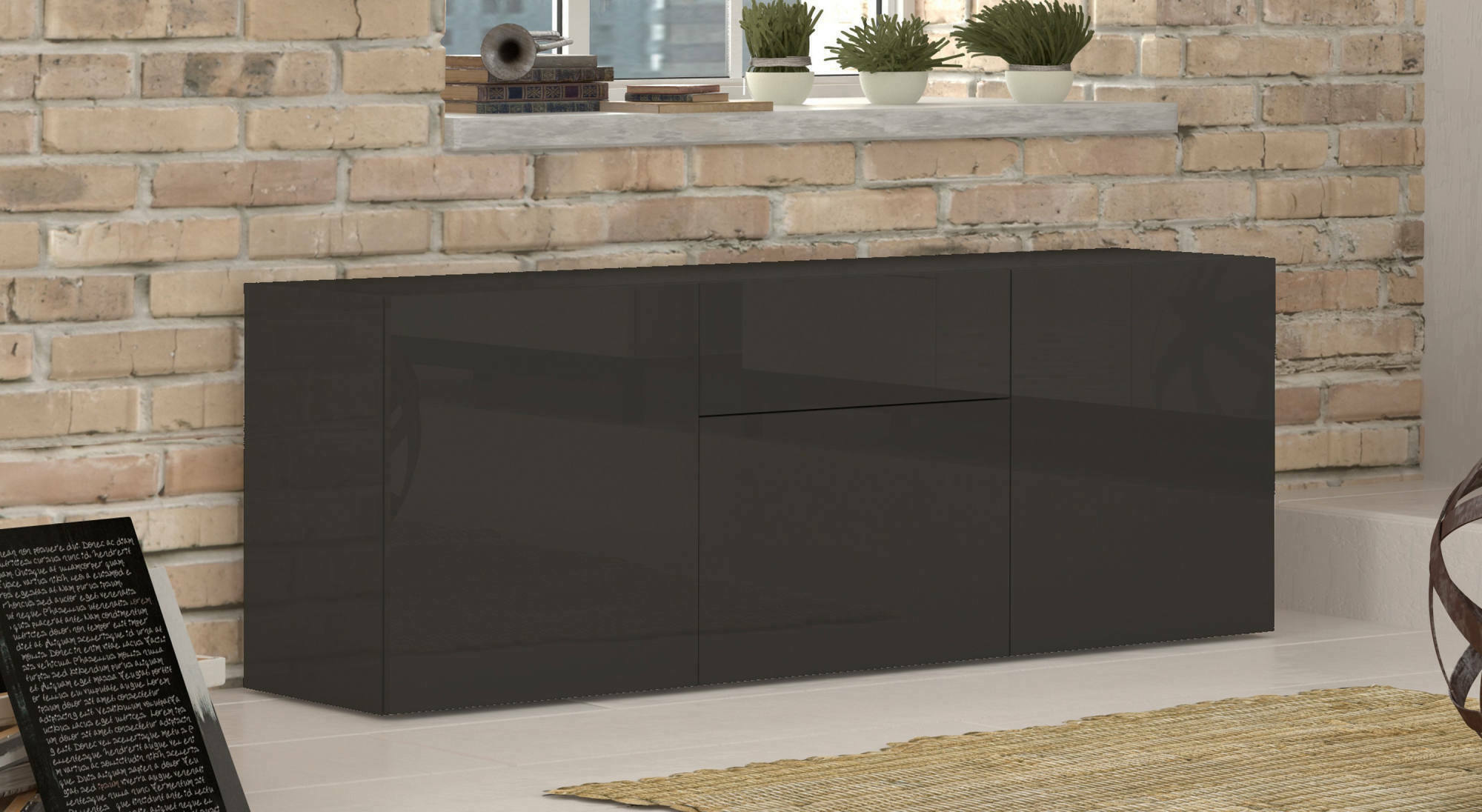 foto del prodotto credenza moderna a 3 ante e 1 arina, made in italy, madia da cucina, buffet di design da soggiorno, con piedini, cm 170x40h35, antracite lucido
