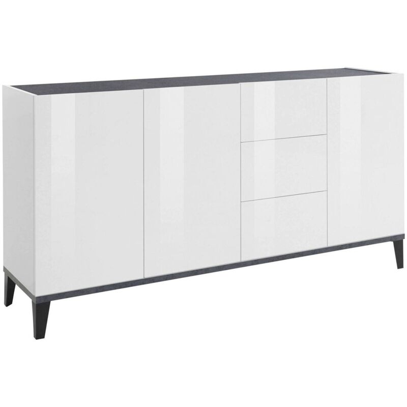 foto del prodotto credenza moderna a 3 ante e 3 cassetti, made in italy, madia da cucina rialzata, buffet di design da soggiorno, cm 160x40h82, bianco lucido e
