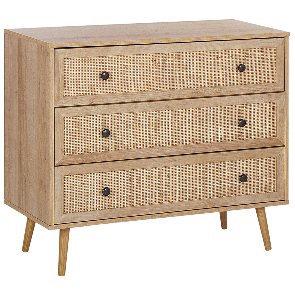 foto del prodotto credenza moderna a 3 cassetti con fronte in vimini 90 x 79 cm legno chiaro