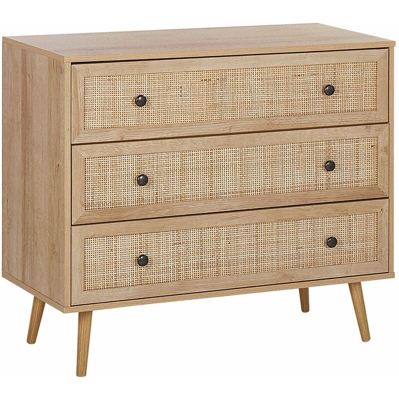 foto del prodotto credenza moderna a 3 cassetti con fronte in vimini 90 x 79 cm legno chiaro ponca
