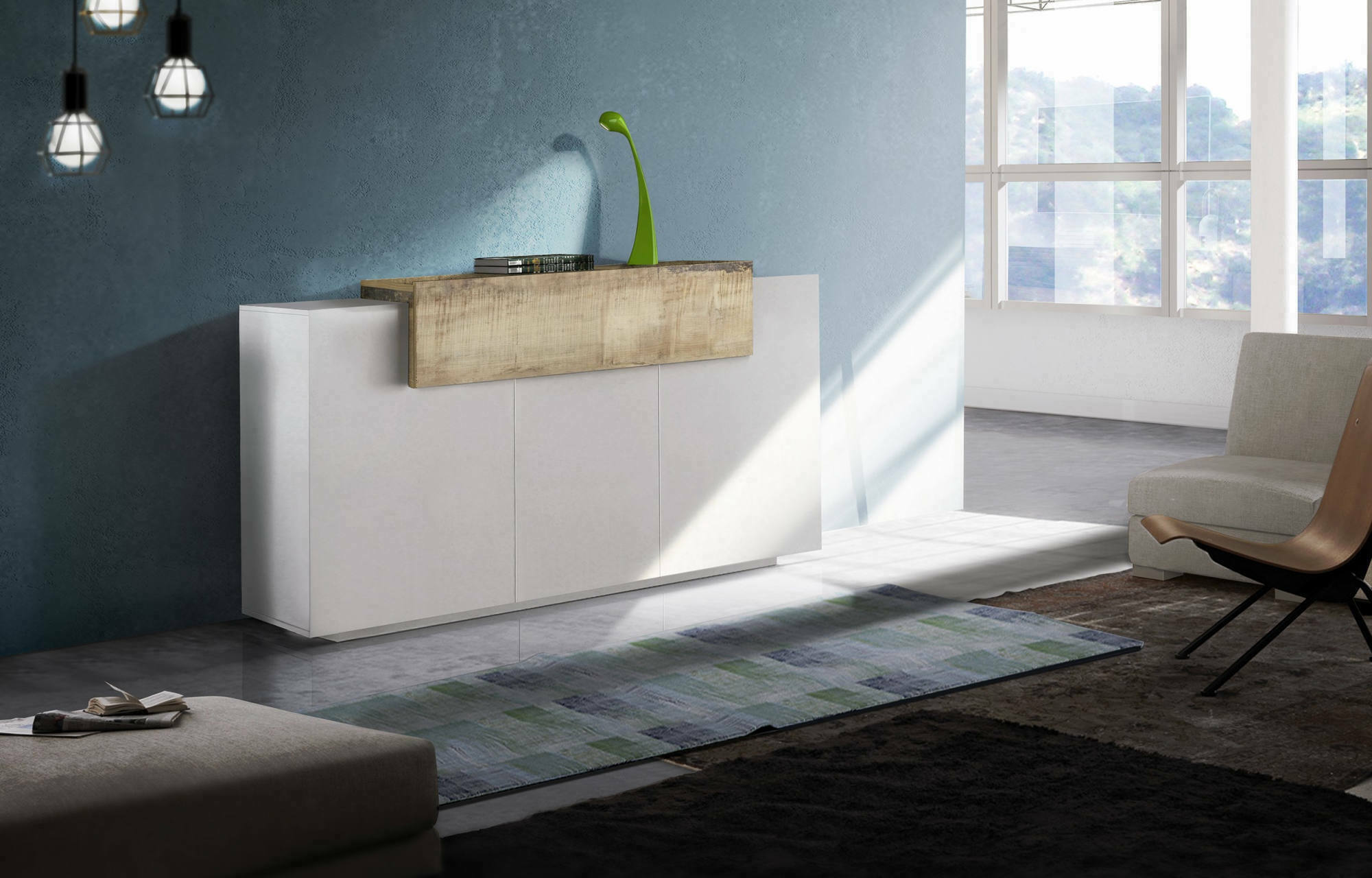 foto del prodotto credenza moderna a 4 ante con aschly, made in italy, madia da cucina, buffet di design da soggiorno, cm 160x45h86, bianco lucido e acero