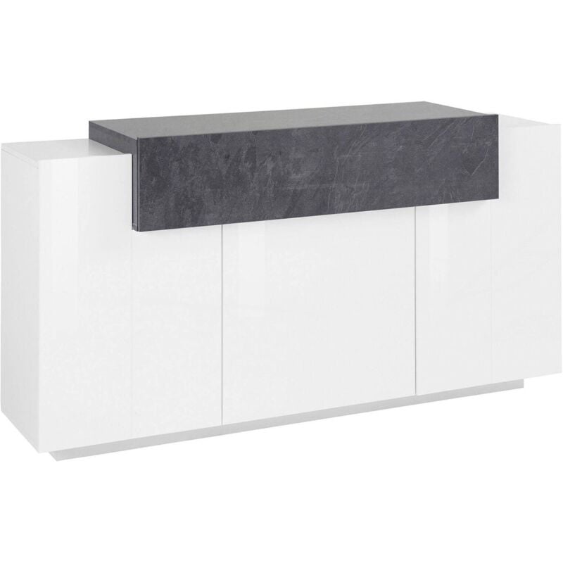 foto del prodotto credenza moderna a 4 ante con ribalta, made in italy, madia da cucina, buffet di design da soggiorno, cm 160x45h86, colore bianco lucido e grigio
