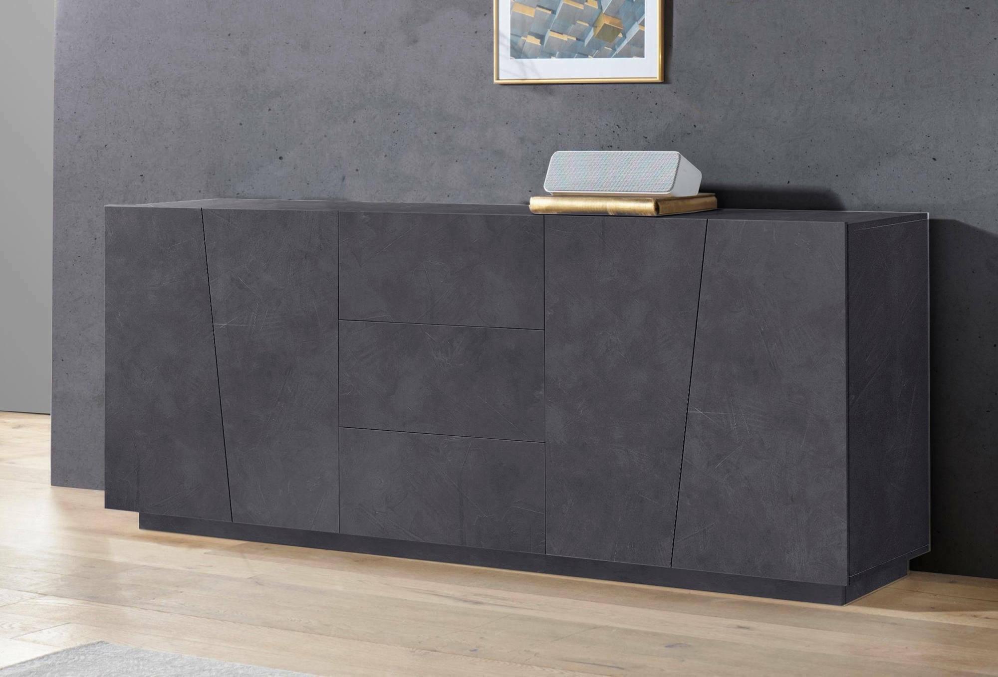 foto del prodotto credenza moderna a 4 ante e 3 ayrton, made in italy, madia da cucina, buffet di design da soggiorno, cm 220x43h86, grigio cenere