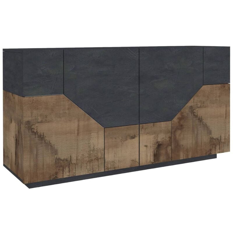 foto del prodotto credenza moderna a 4 ante geometriche, made in italy, madia da cucina, buffet di design da soggiorno, cm 159x43h86, ardesia e acero, con imballo