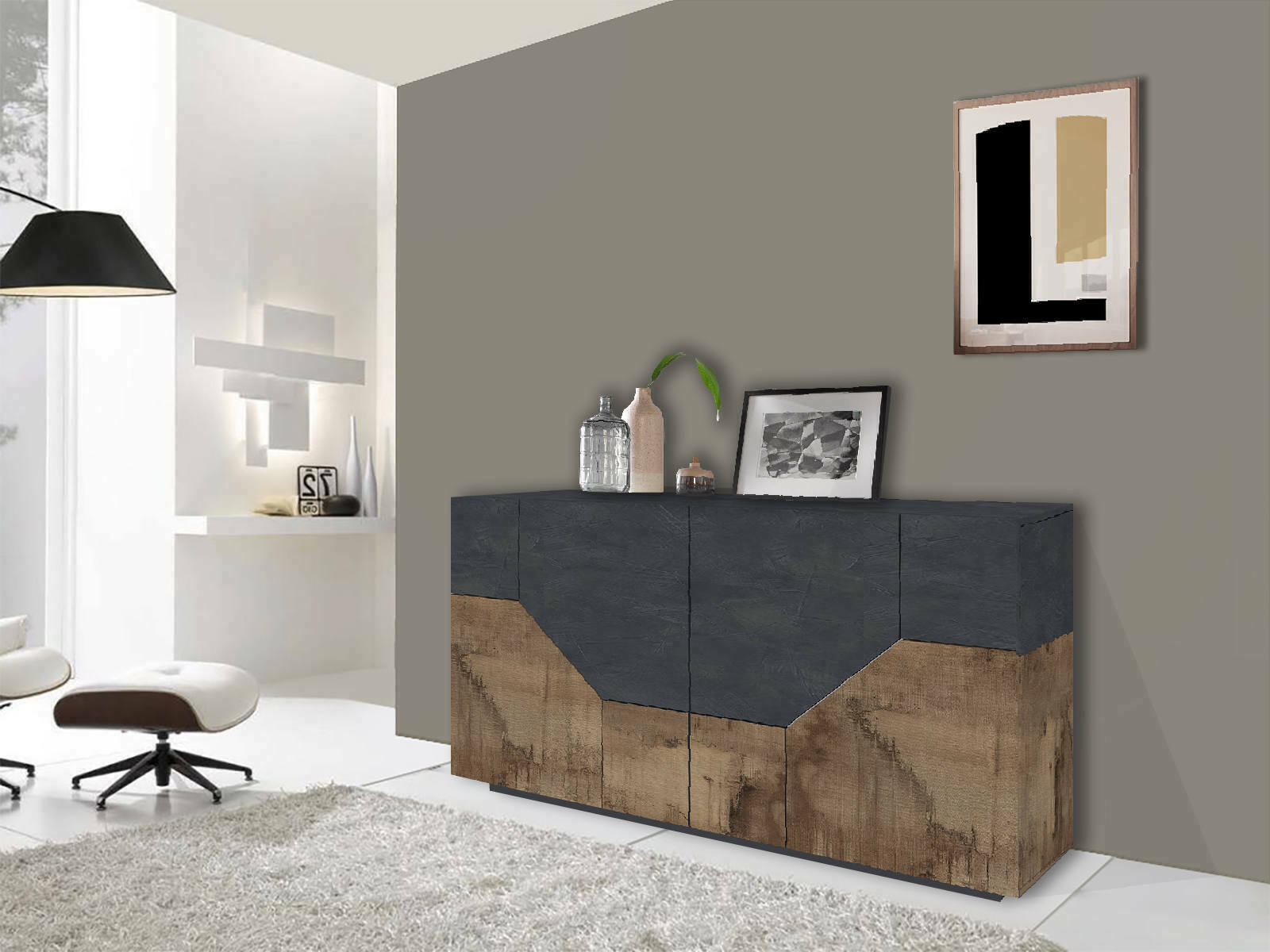 foto del prodotto credenza moderna a 4 ante geometriche, made in italy, madia da cucina, buffet di design da soggiorno, cm 159x43h86, ardesia e acero, con imballo
