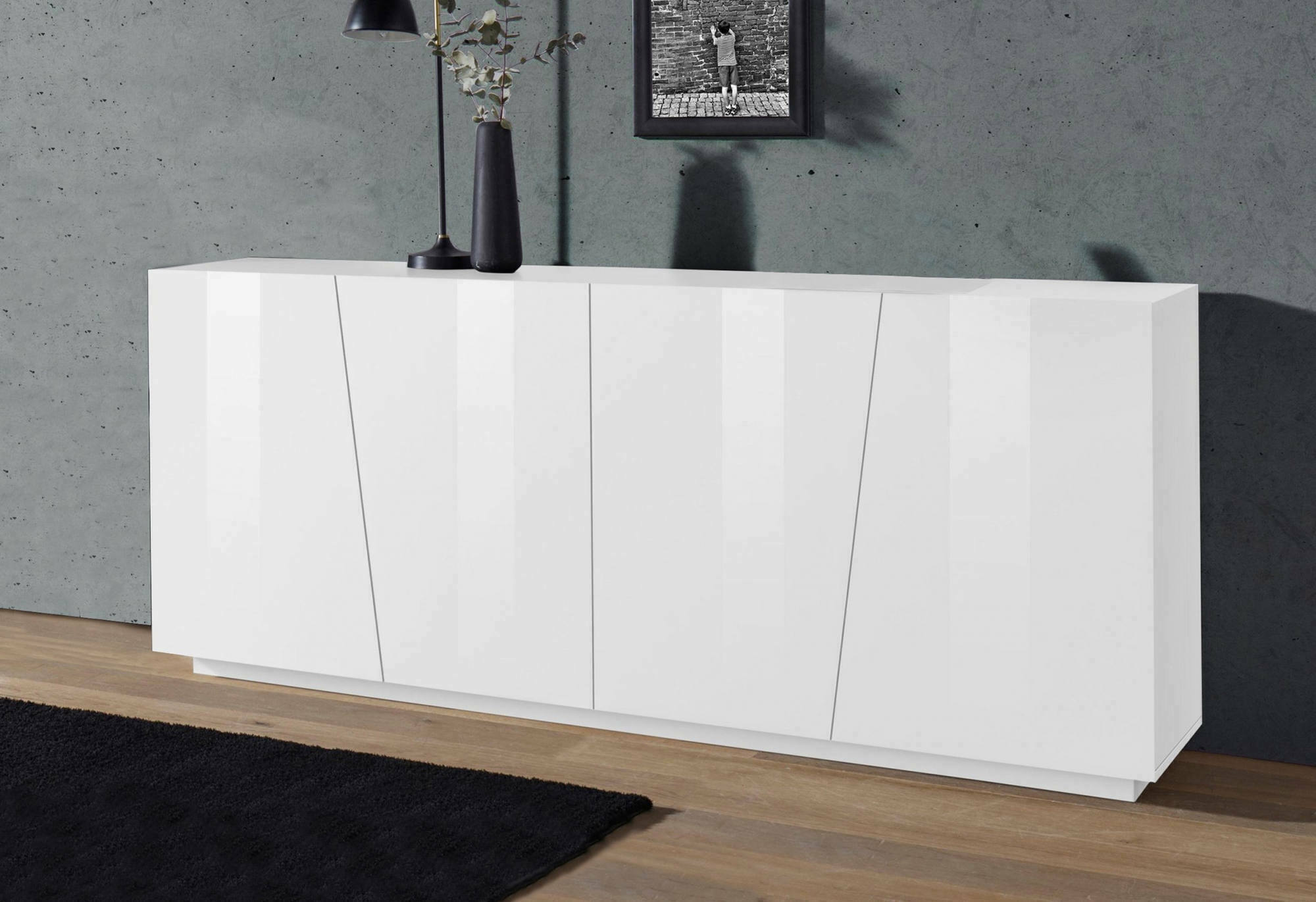 foto del prodotto credenza moderna a 4 apollo, made in italy, madia da cucina, buffet di design da soggiorno, cm 200x43h86, bianco lucido