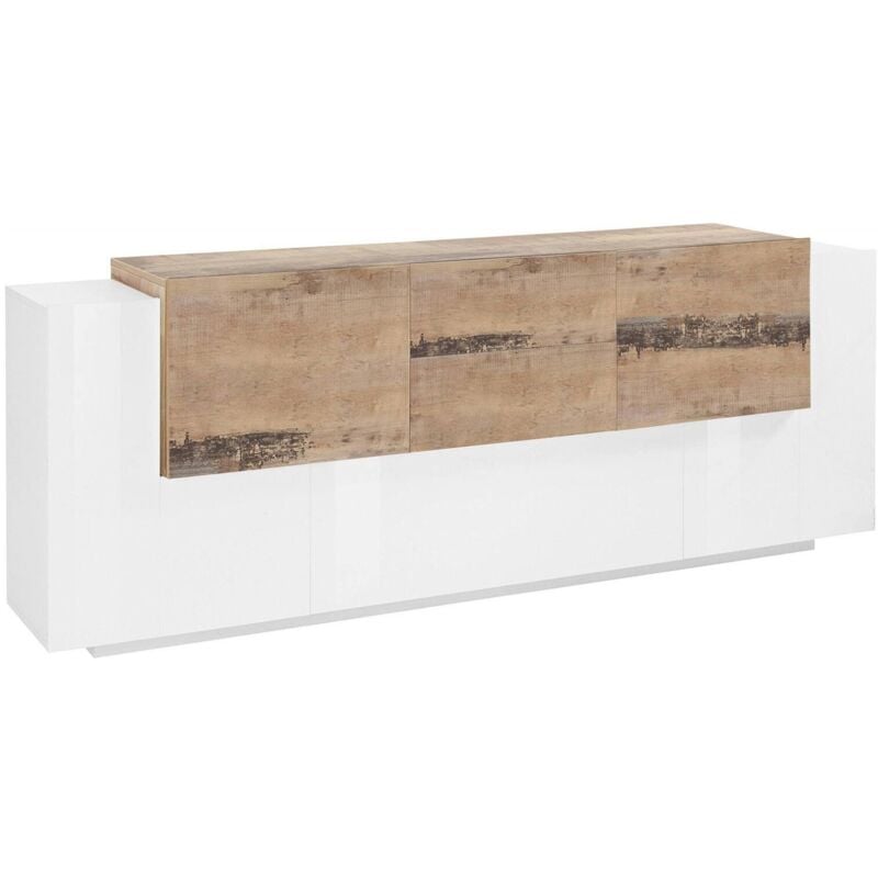 foto del prodotto credenza moderna a 5 ante e 2 cassetti, made in italy, madia da cucina, buffet di design da soggiorno, cm 220x45h86, colore bianco lucido e acero,