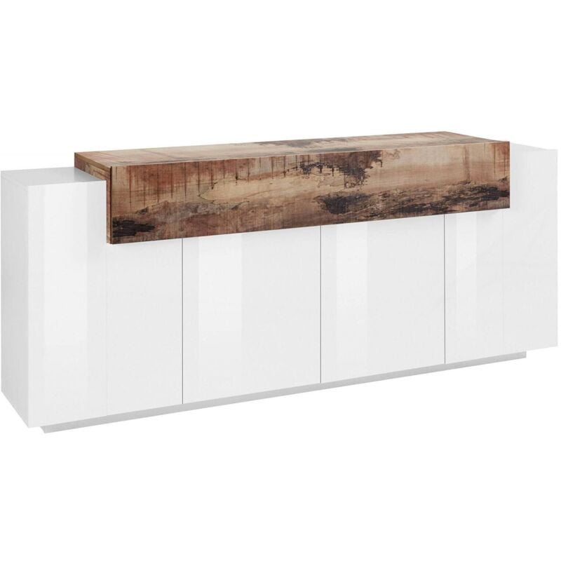 foto del prodotto credenza moderna a 5 ante, made in italy, madia da cucina, buffet di design da soggiorno, cm 200x45h86, colore bianco lucido e acero, con imballo
