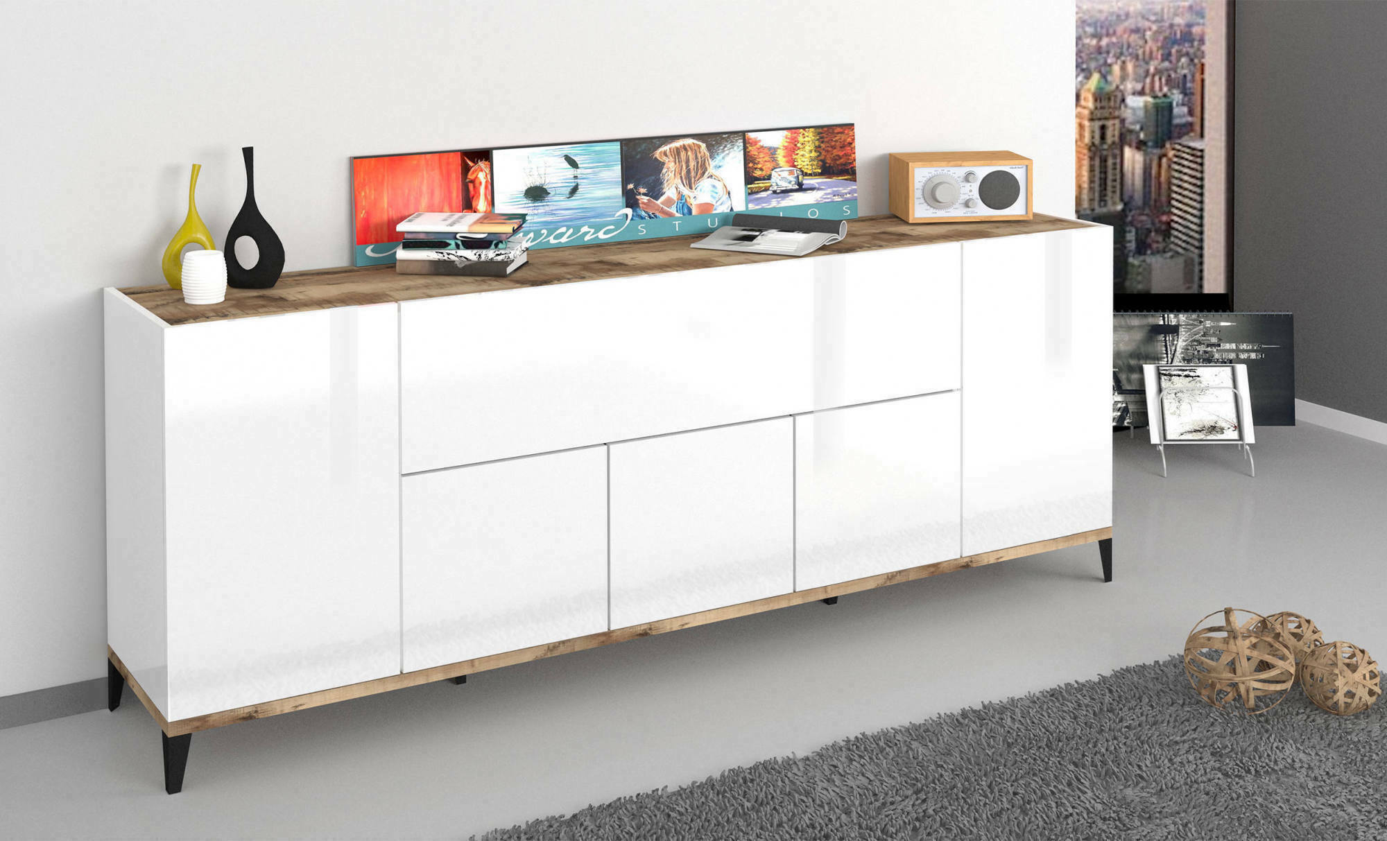 foto del prodotto credenza moderna a 6 amour, made in italy, madia da cucina rialzata, buffet di design da soggiorno, cm 200x40h82, bianco lucido e acero