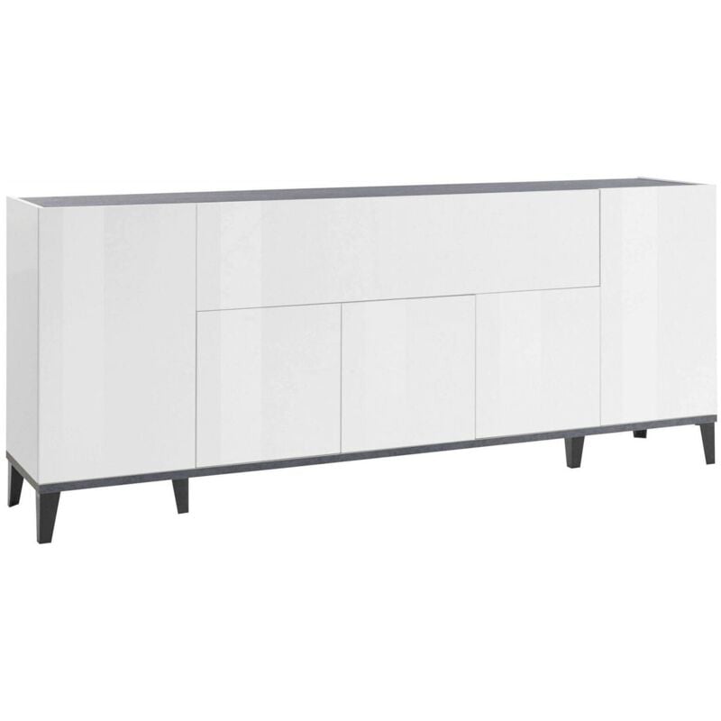 foto del prodotto credenza moderna a 6 ante, made in italy, madia da cucina rialzata, buffet di design da soggiorno, cm 200x40h82, bianco lucido e ardesia, con imballo
