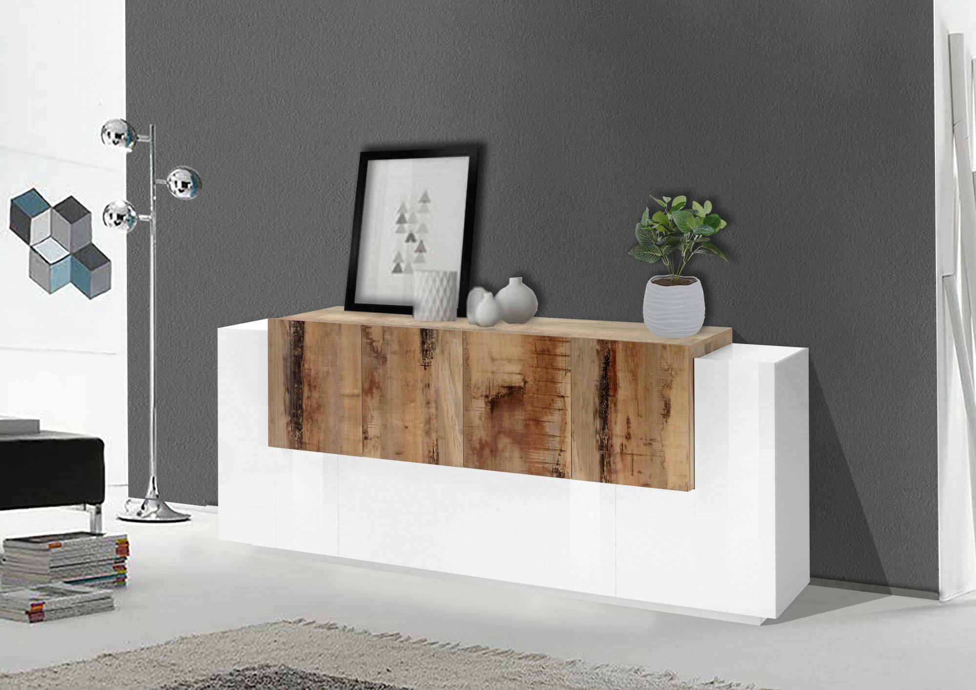 foto del prodotto credenza moderna a 7 astice, made in italy, madia da cucina, buffet di design da soggiorno, cm 200x45h86, bianco lucido e acero
